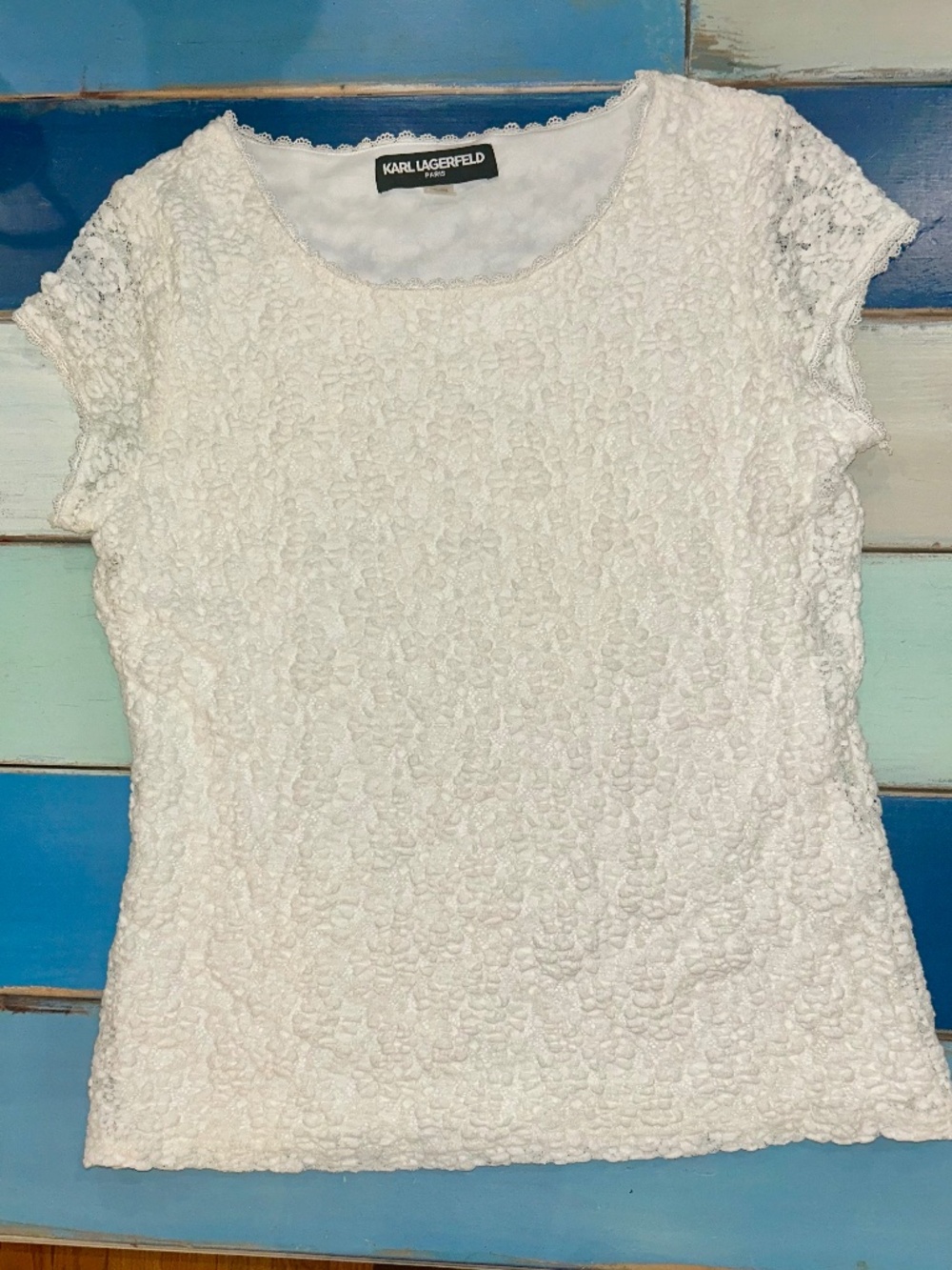 Karl Lagerfeld Paris White Lace Cap Sleeve Blouse Large